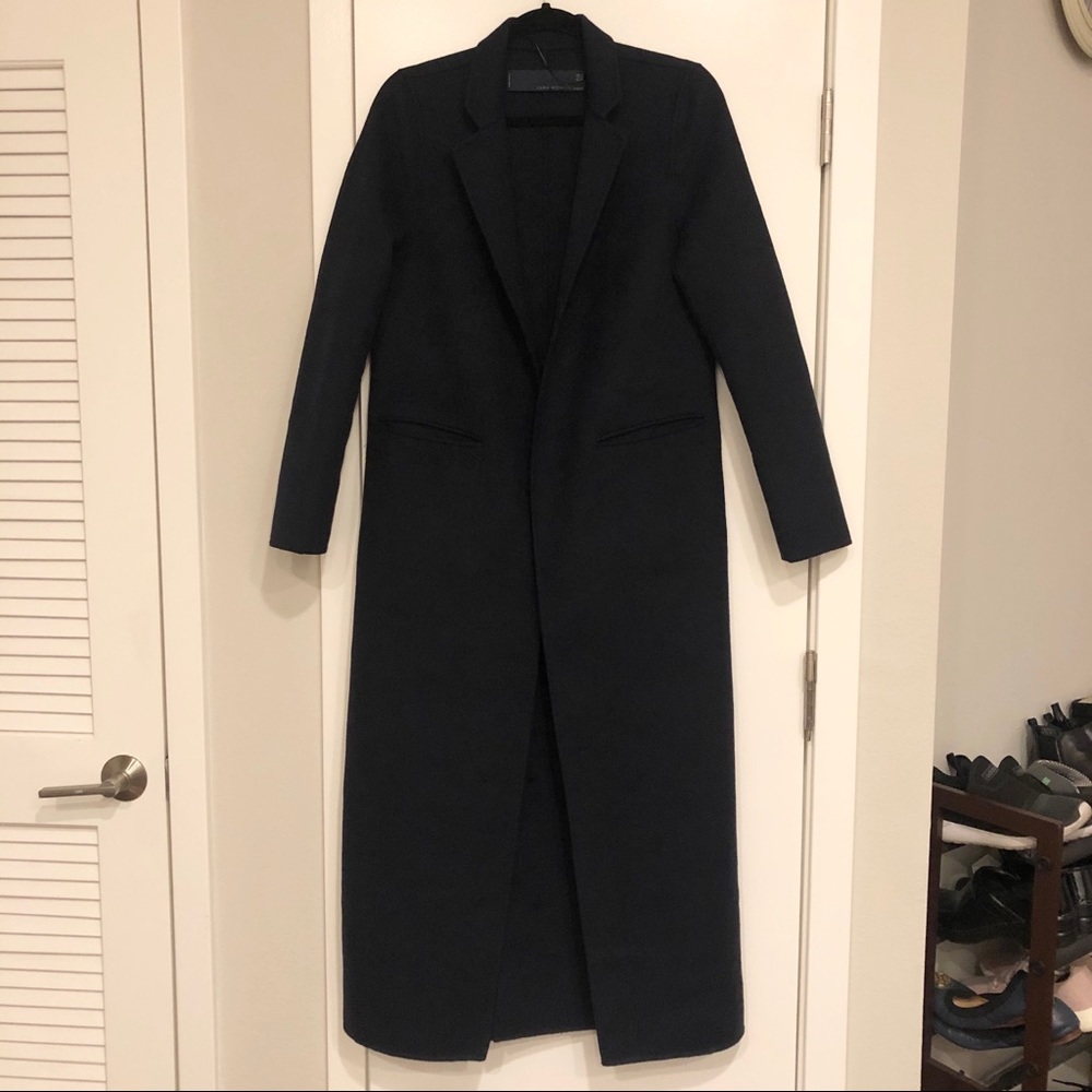 ZARA Navy Blue Long Full-Length Wool Blend Coat